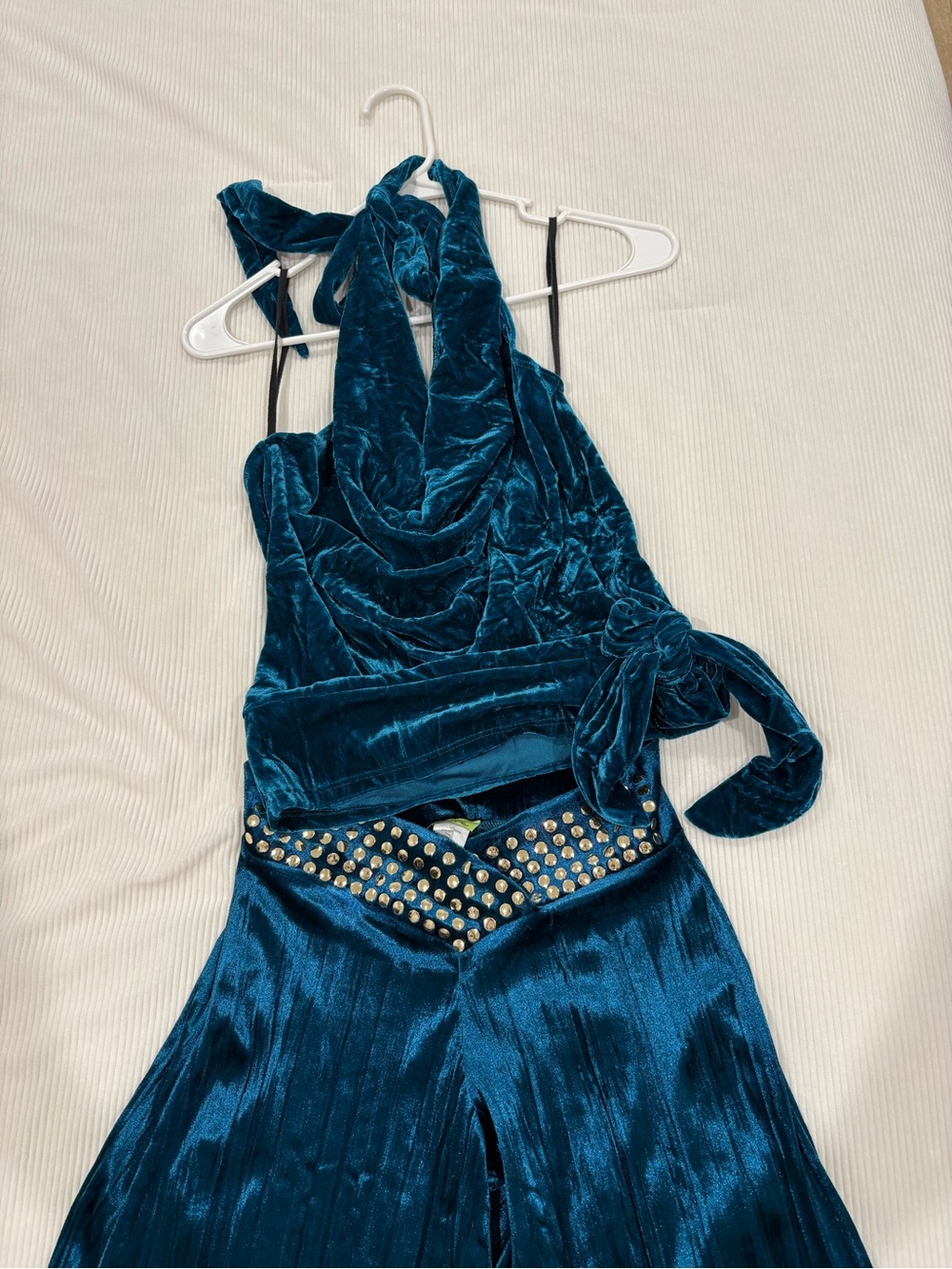 Velvet Teal Halter Jumpsuit with Studded Waist